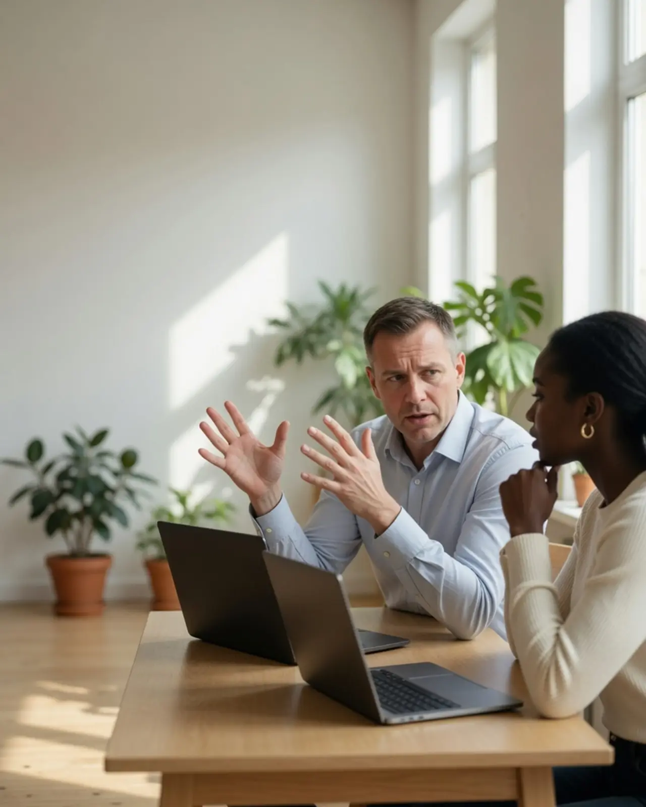 Two engineers at a table, one talking a design through with his hands while the other listens