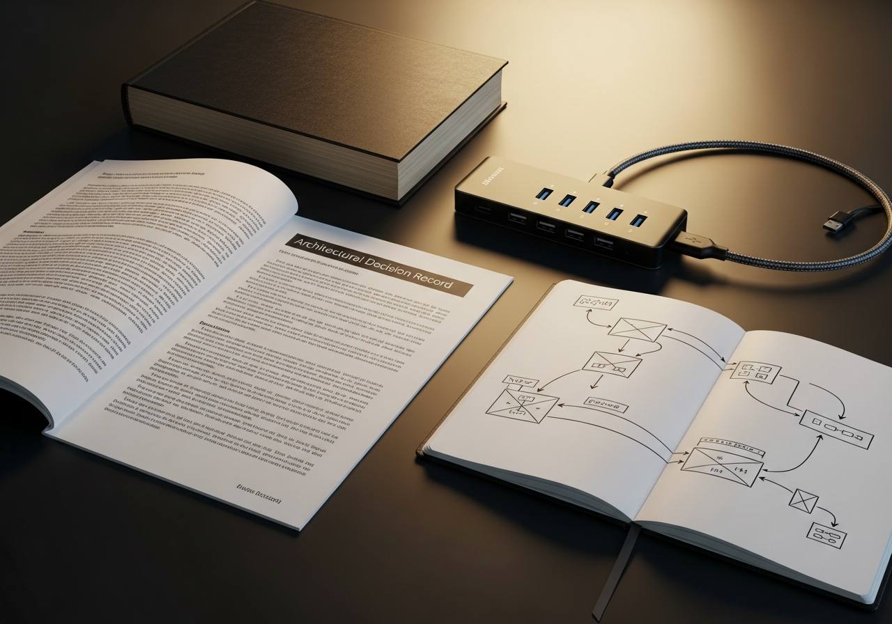 Printed architecture documents and decision records open on a desk