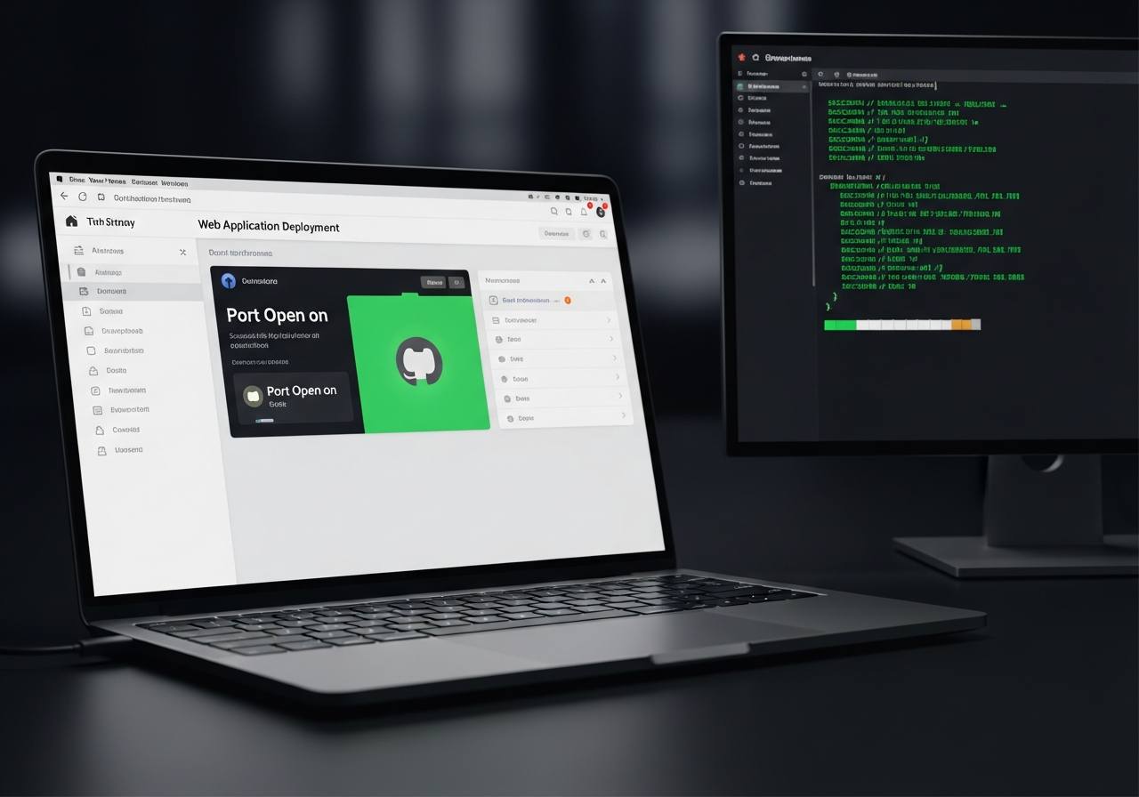 A laptop showing a live deployment dashboard beside a terminal