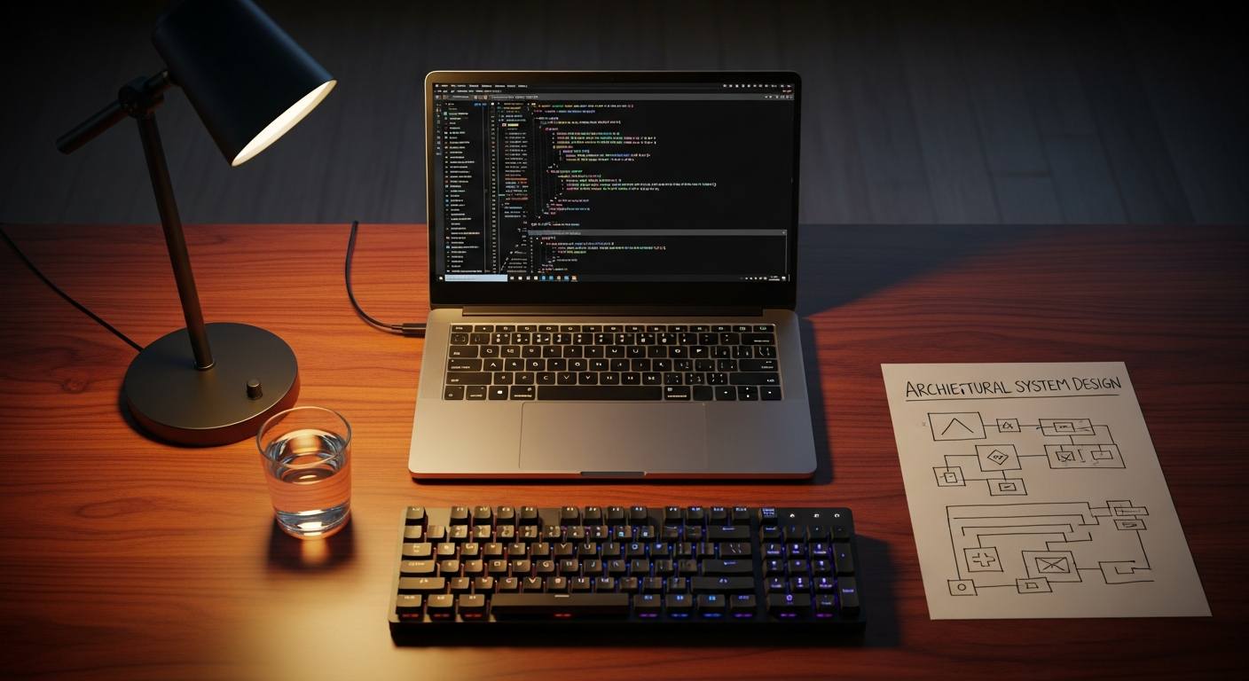 A laptop showing code beside a hand-drawn architectural design on paper
